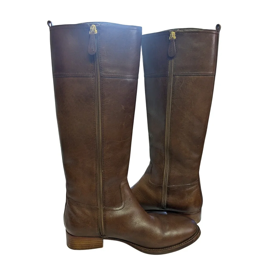 Tory Burch Kiernan Riding Boots Gold Logo Equestrian Preppy Leather Brown 10